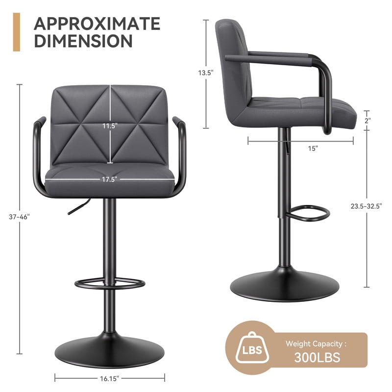 Hawsaiy Modern Bar Stools Set of 2, PU Leather Adjustable Swivel Bar Chairs with Armrests and Back, Hydraulic Counter Height Stools with Footrest for Kitchen Island, Dining Room, Bar, Dark Gray