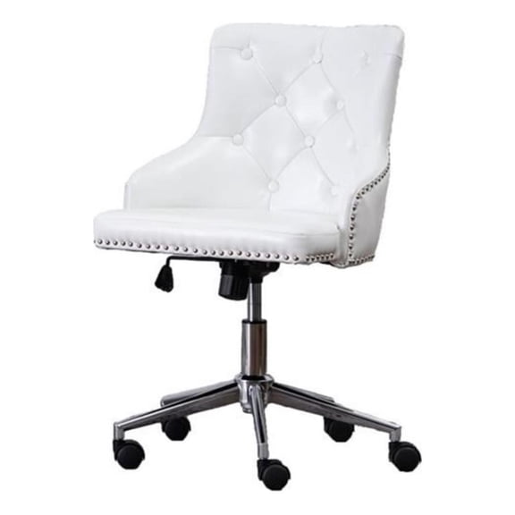 Swivel Office Chair in White Faux Leather with Stainless Steel and Tufted Seat