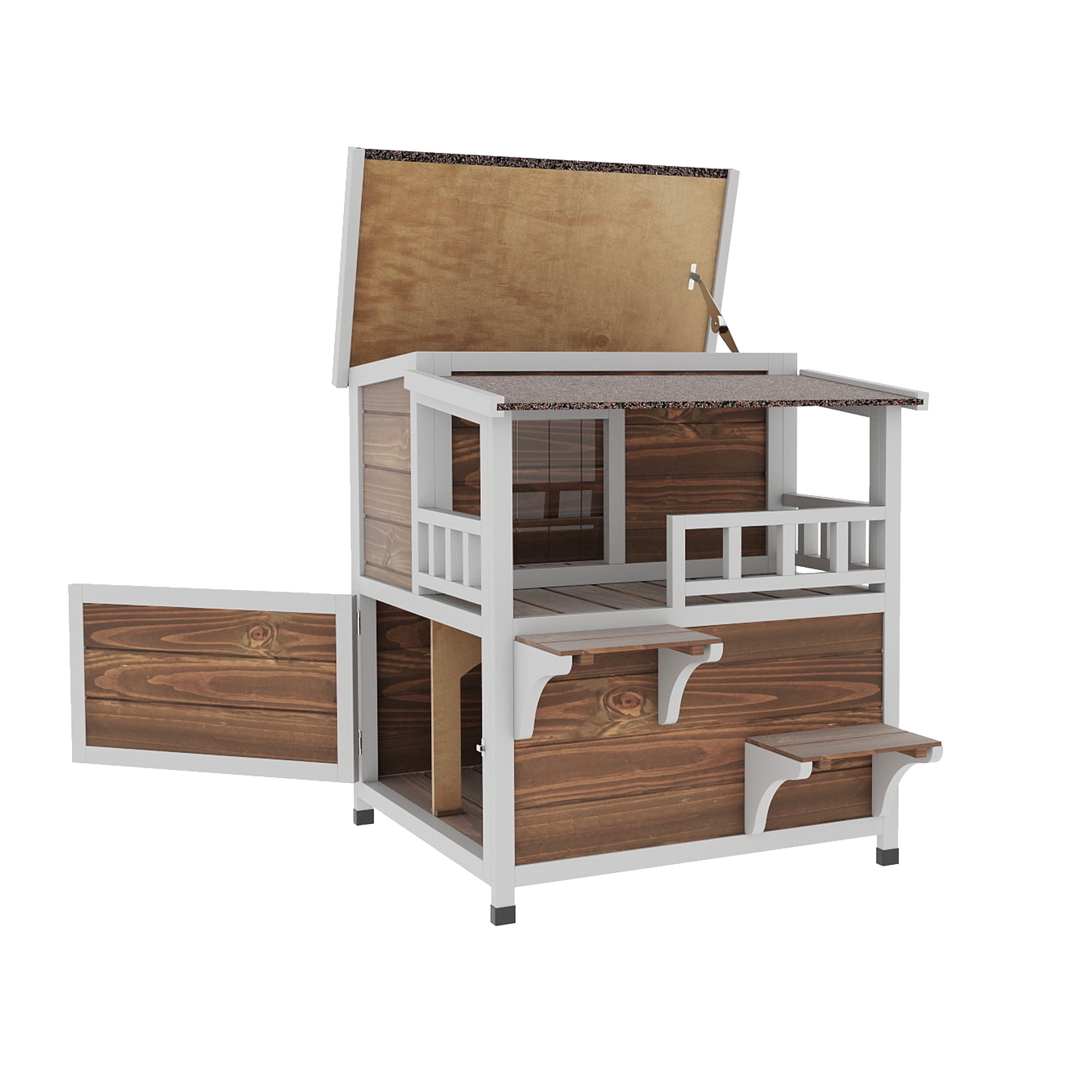 Uforic Two Story Outdoor Cat House, Cat Shelter Weatherproof Wooden Cat House with Balcony - Brown