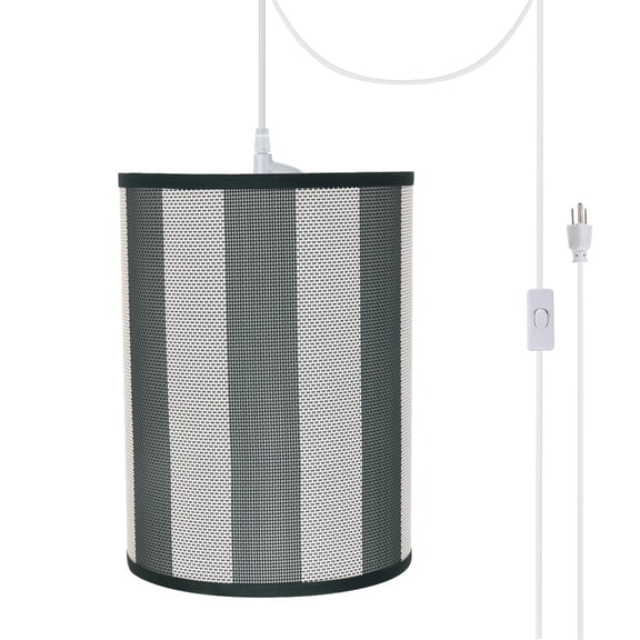 Aspen Creative 71120-21 One-Light Plug-In Swag Pendant Light Conversion Kit with Transitional Drum Fabric Lamp Shade, Hunter Green & White, 8" width