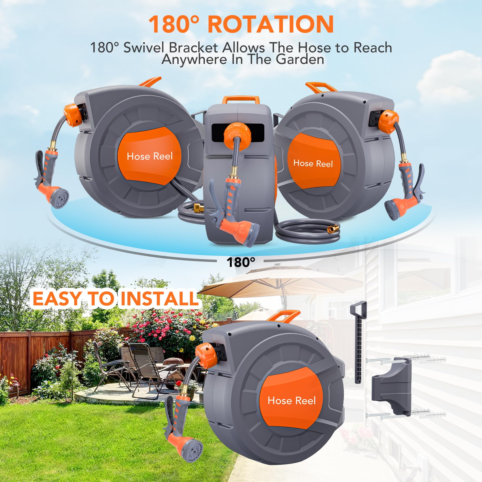 Retractable Garden Hose Reel,1/2 in x 72/100 ft,9 Function Sprayer Nozzle, Any Length Lock, Automatic Rewind and Slow Return System,180° Swivel Bracket Wall-Mounted