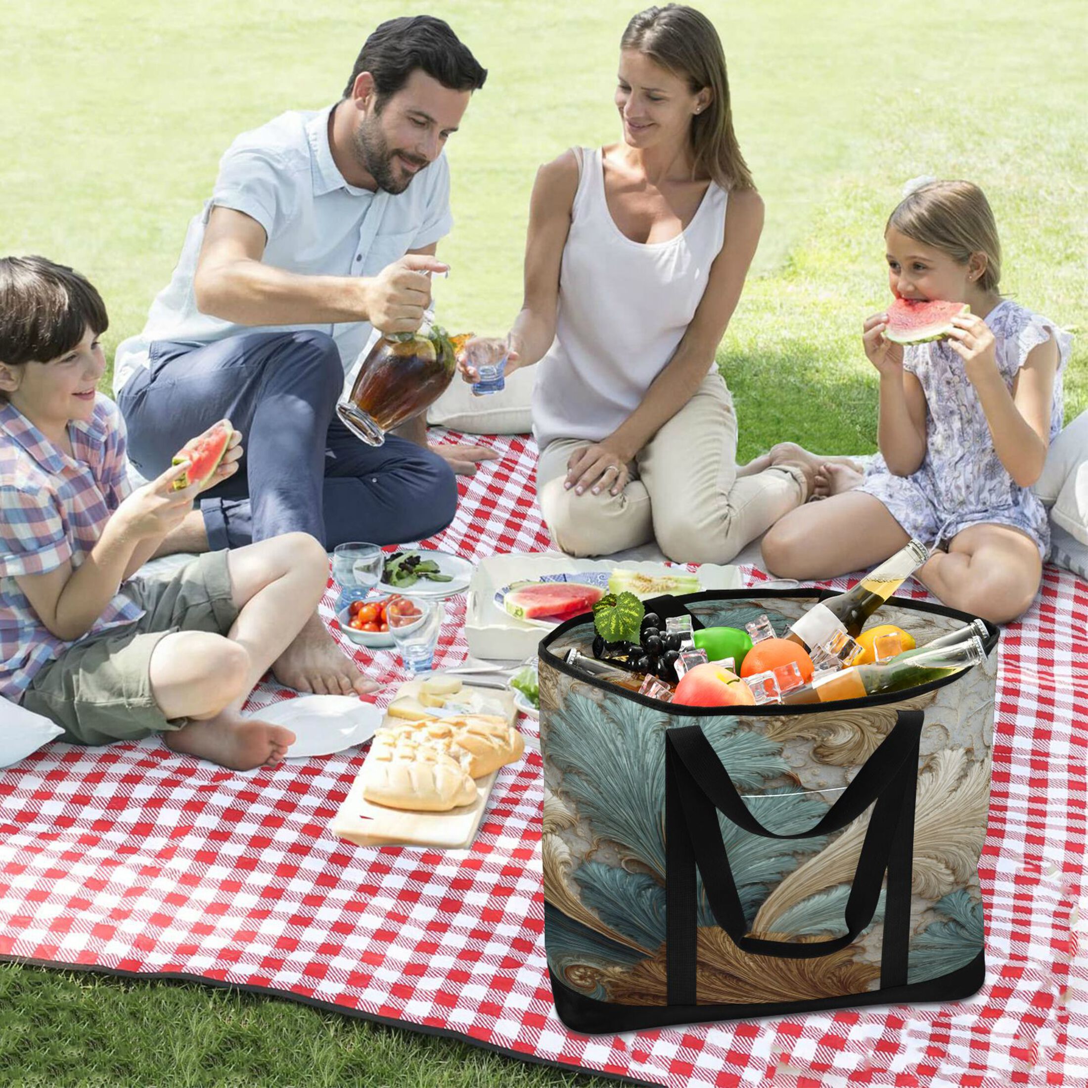 Extra-Large Wide Opening Design Capacity Hand-Held Ice Pack Thickened Insulation Layer For Long-Lasting Cold Retention For Outdoor Shopping Picnics And Camping Spiral Of Leaves