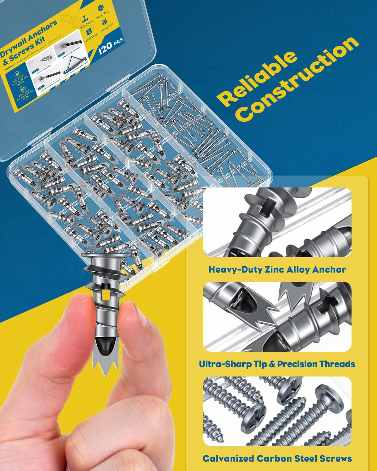 Self Drilling Drywall Anchors, Heavy Duty Wall Anchors for Drywall, Metal Dry Wall Anchors and Screws Kit, Zinc Alloy Sheetrock Anchors with #6 x 1 5/16" Screws, Picture Hanging Kit, 50 Pcs