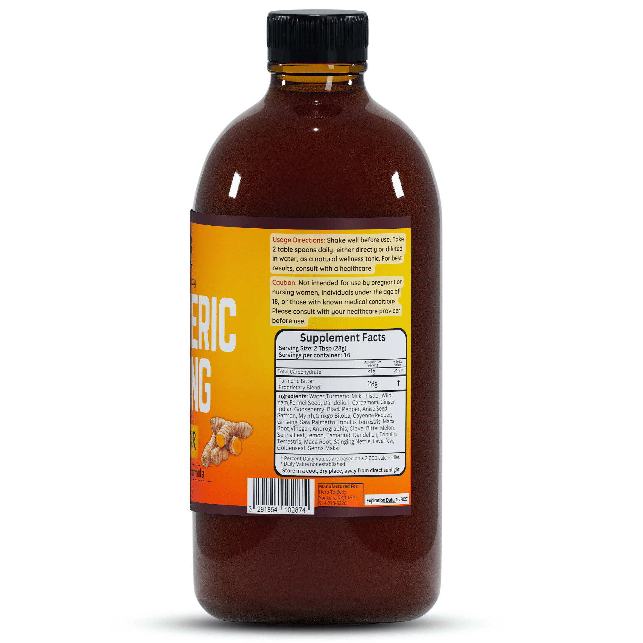 Herb To Body Turmeric Bitters Liquid 16oz - with Turmeric Root and Natural Herbal Blend