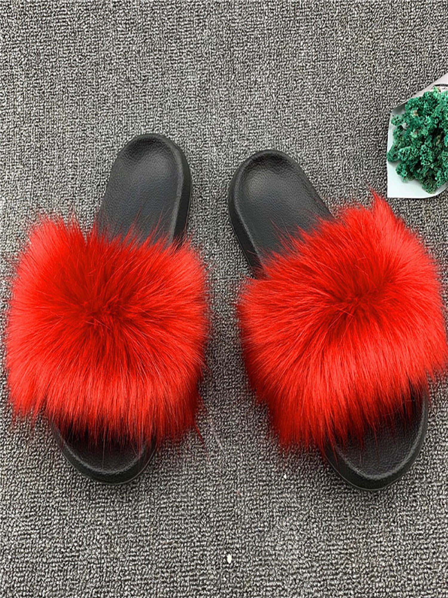 Women's Fox Fur Slides Fuzzy Furry Slippers Comfort Sliders Sandals Shoes Sandal 