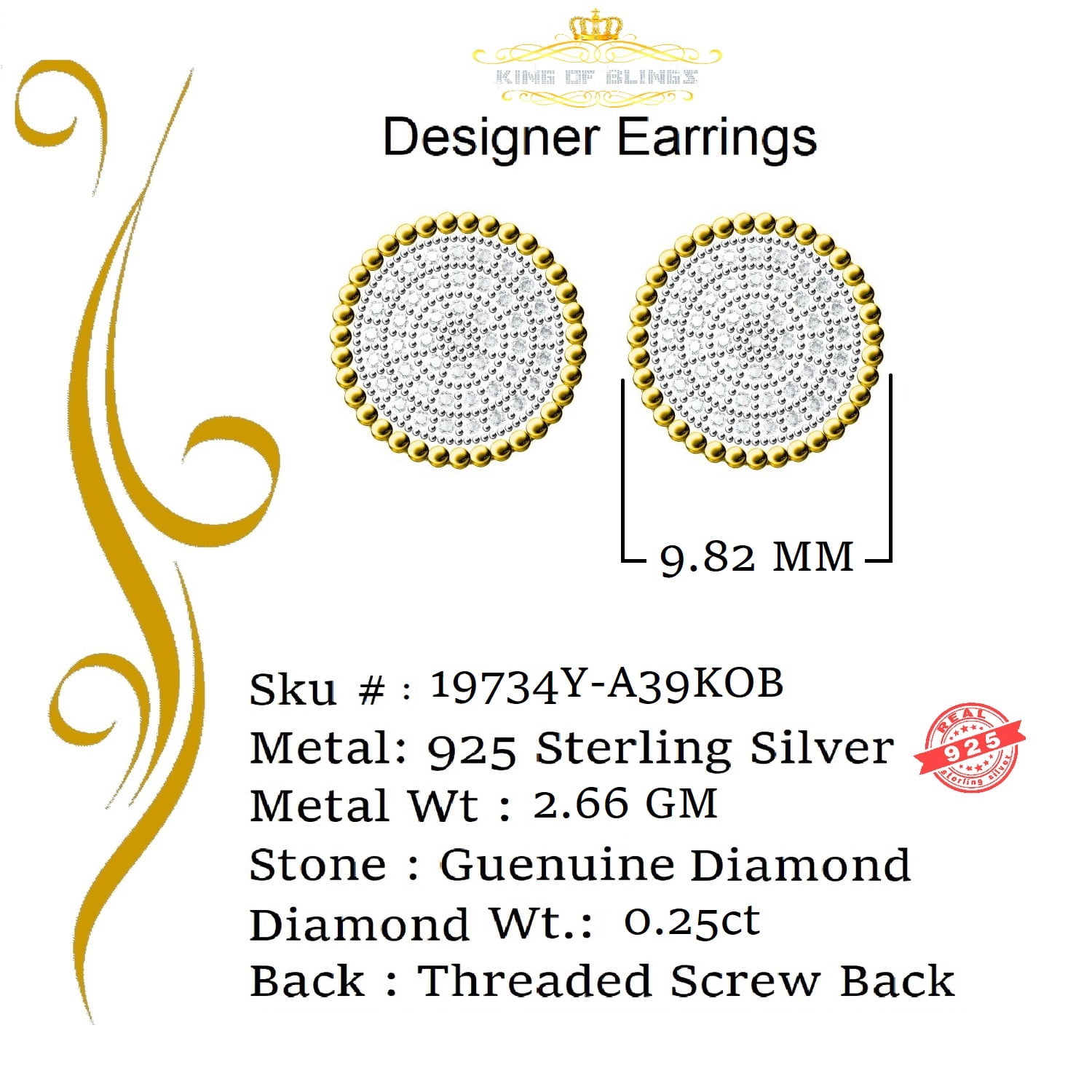 King of Bling's Aretes Para Hombre 925 Yellow Silver 0.25ct Diamond For Women's Stud Earrings