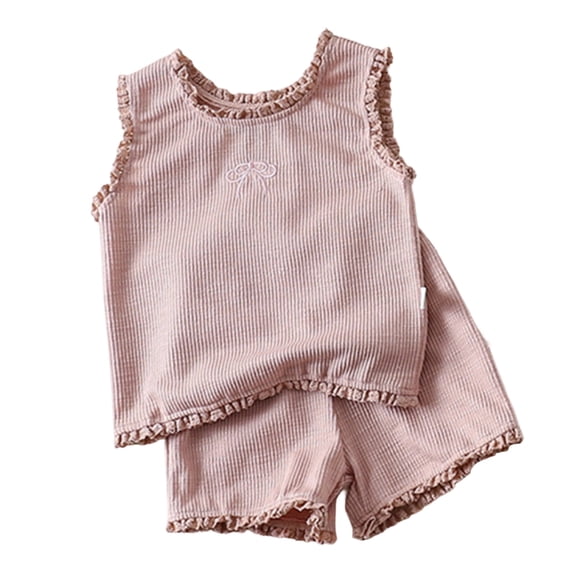 larppty Toddler Girl Baby Summer 2-Piece Sleeveless Pajama Set, Korean Style Ruffled Vest & Shorts, Soft Cotton Sleepwear for Girls Ages 6M-6Y(Light Pink, 18-24 Months)