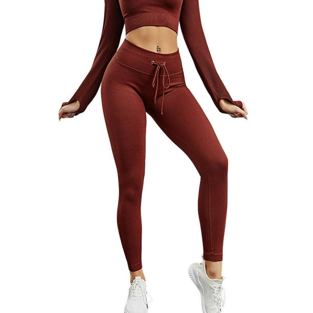 Women Ribbed Leggings Hip Lift High Waist Sweat-absorbent Push Up Seamless  Drawstring Yoga Sweat-absorbent Sports Sweatpants Tights Cycling Wine red 