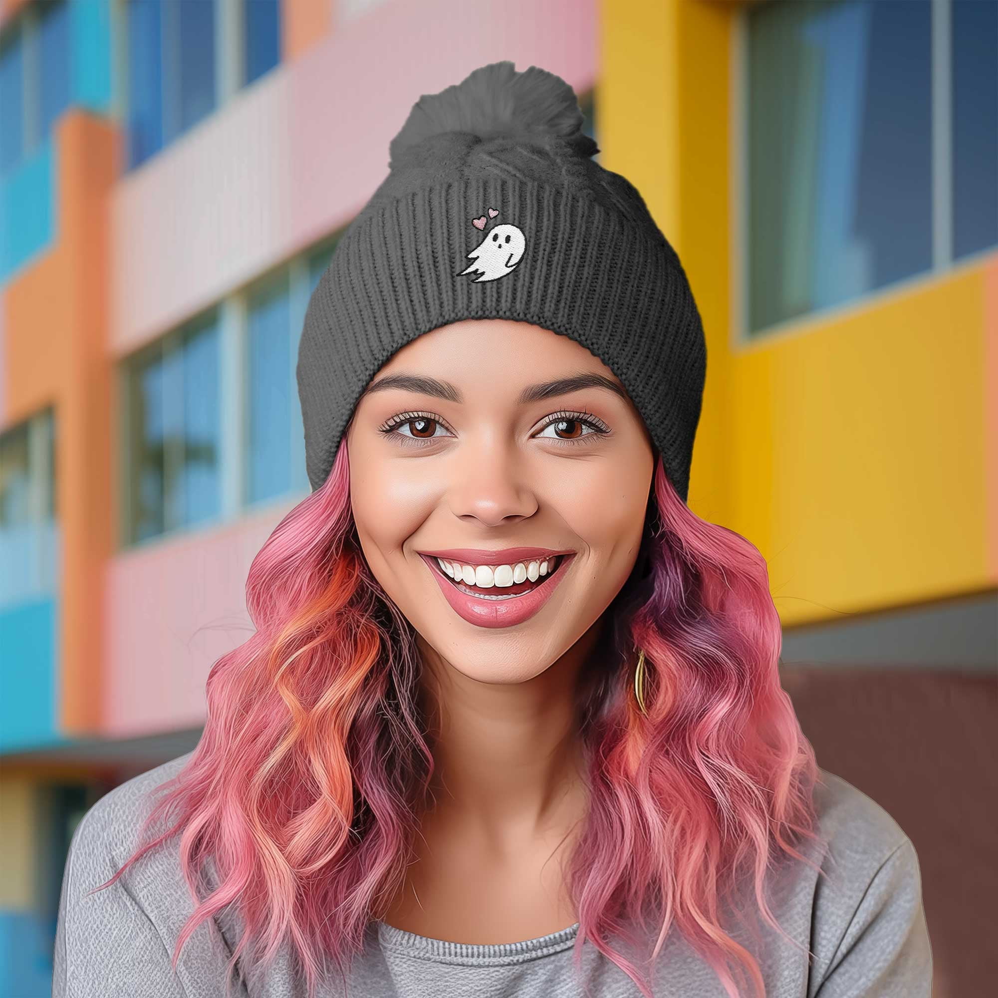 Dalix Heartly Ghost Cable Knit Pom Beanie Soft Stretch Skully Warm Fuzzy Faux Sherpa Winter Ski Beanie in Charcoal Gray