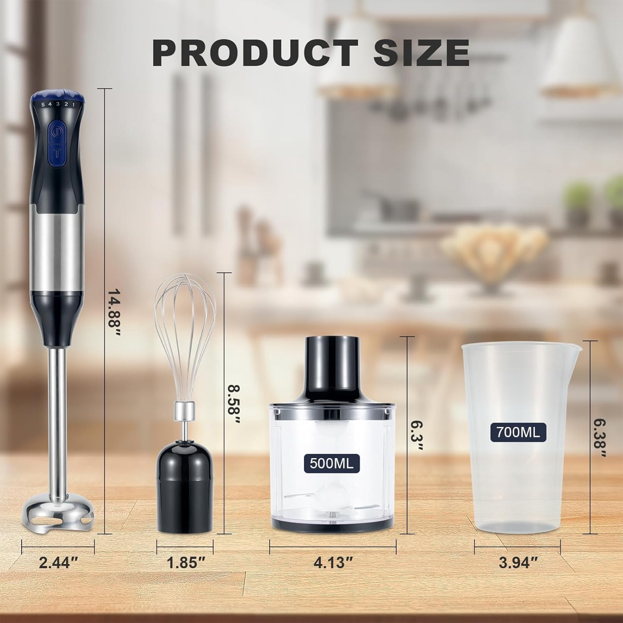 1000W Immersion Blender Handheld 4-in-1 Hand Blender Stick, Handheld Blender Stick Mixer with Egg Whisk, 700ml Beaker & 500ml Chopper Bowl