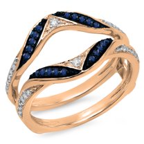 Dazzlingrock Collection 10K Round Blue Sapphire & White Diamond Ladies Anniversary Guard Double Ring, Rose Gold, Size 7