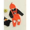 thumbnail image 3 of Bagilaanoe 3pcs Newborn Baby Boys Overall Pants Set Letter Print Long Sleeve Romper Tops + Ghost Print Suspender Trousers + Hat 3M 6M 12M 18M Infant Casual Halloween Outfits, 3 of 9