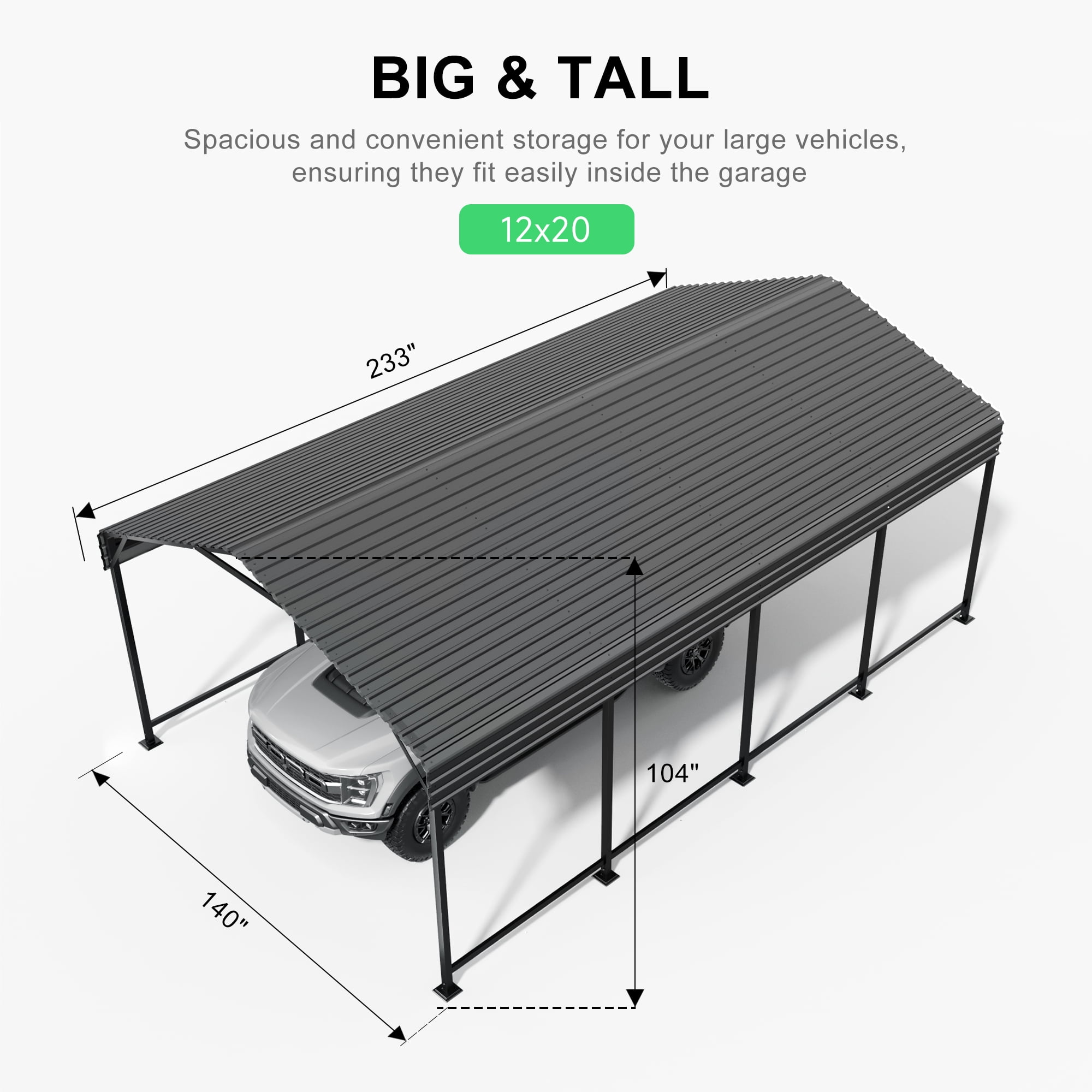 PABIMIA 12x20 FT Heavy-Duty Galvanized Steel Carport, Outdoor Metal Shelter for Cars, Trucks & Boats, Black