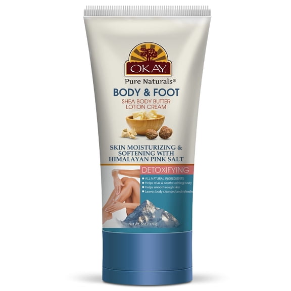 OKAY Shea Butter & Pink Himalayan Salt Body and Foot Lotion, Deep Moisturizing Skin Repair Lotion with Aloe Vera & Vitamin E, Hydrates Dry Rough Skin, Sulfate Silicone Paraben Free, 6 oz