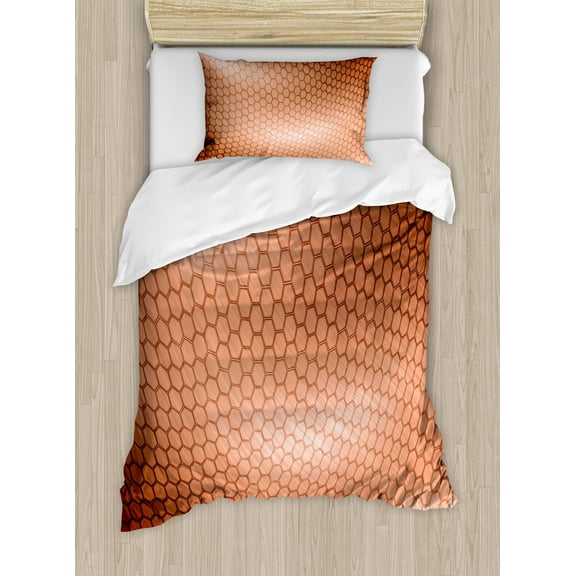 Abstract Duvet Cover Set, Hexagonal Comb Mesh Pattern with Abstract Wave Motion Effect Geometric Image Print, Decorative 2 Piece Bedding Set with 1 Pillow Shams, Twin Size, Pale Rust, by Ambesonne