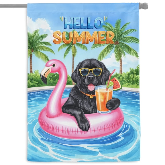 Hello Summer Newfoundland at Swimming Pool Flamingo Swim Ring House Flag 28x40in Double Sided Newfie Dog Lover Gifts Outdoor Decor - 12009