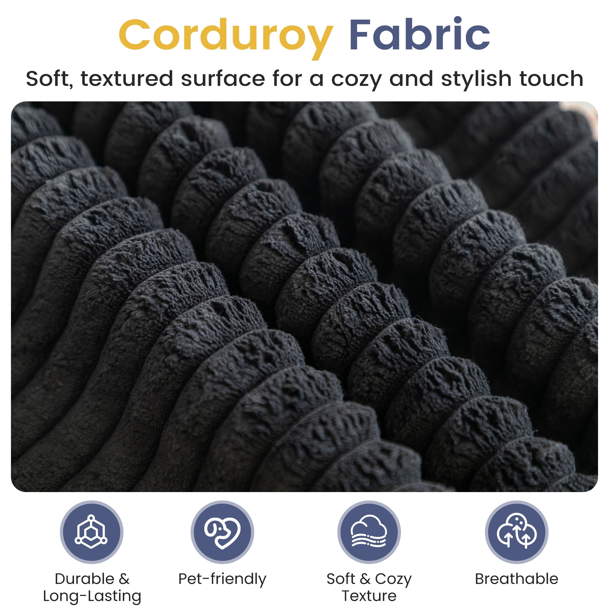 YODOLLA 110" L Shaped Modular Sectional Sofa for Living Room, Cloud Boneless Couch with Fluffy Seat Cushion, No Assembly Required, Corduroy, Black