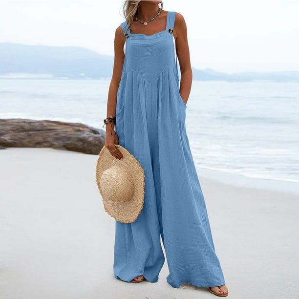 Mono informal con hombros descubiertos para mujer, mono con tirantes y botones sólidos, pantalón de pierna con bolsillo ancho Pompotops qyievc1551