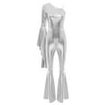 thumbnail image 2 of iiniim Womens 70s Vintage Disco Dance Metallic Shiny One Shoulder Flare Jumpsuits Clubwear Silver XXL, 2 of 7