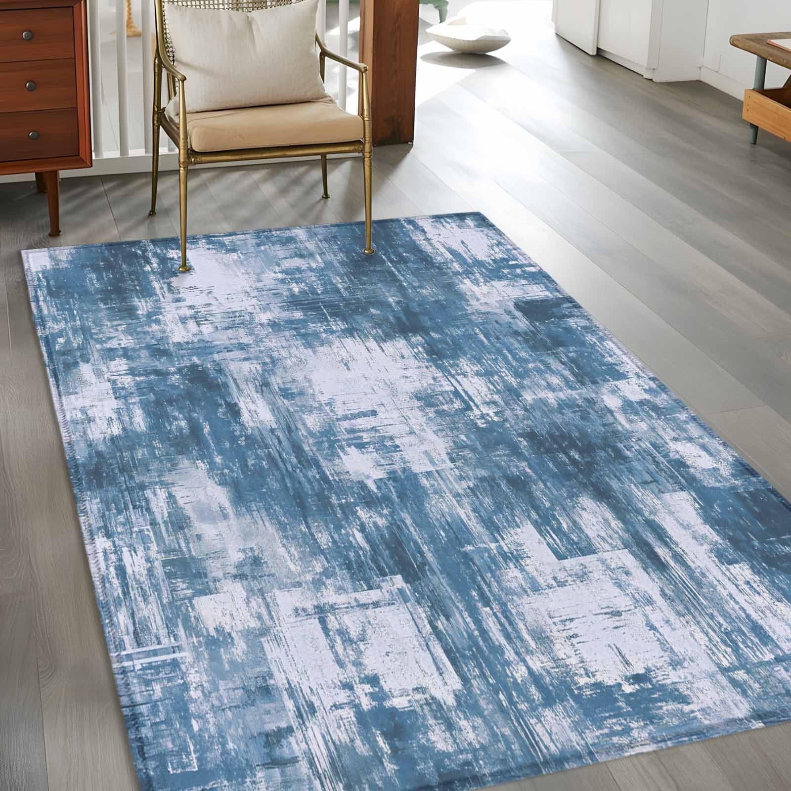 Area Rug for Living Room, Modern Blue Non-Slip Indoor Large Carpet for Bedroom/Dining Room, Vintage Abstract Art Contemporary Washable Low-Profile Rectangle Floor Runner Rugs - 4 x 6 Ft