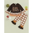 thumbnail image 2 of Bagilaanoe 2Pcs Toddler Baby Girl Thanksgiving Outfits Letters Print Long Sleeve Patchwork T-shirt Tops + Plaid Flare Trousers 12M 18M 24M 3T 4T 5T 6T Kids Long Pants Set, 2 of 7