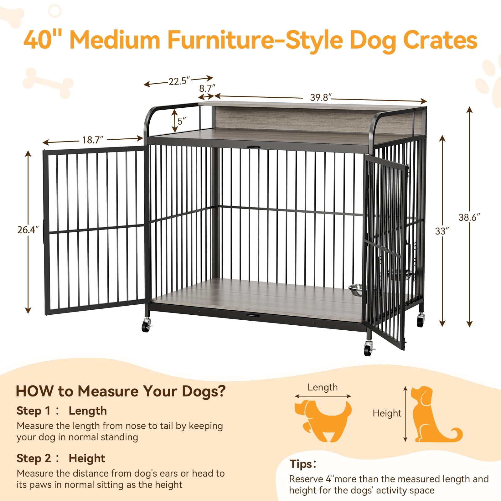 Danolapsi 48" W Large Dog Crate Furniture,with 360° Adjustable Elevated Feeder,Dog Crate with 360° Wheels for Easy Mobility,Heavy Dog Furniture,Indoor Decorative Dog Kennel,Sturdy Metal Construction