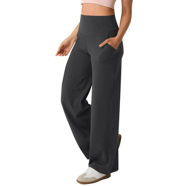 Pantalones de yoga anchos para mujer: cintura alta, bolsillos, tejido elástico, petite/regular/tall, tallas S-XXL para uso informal/deportivo.