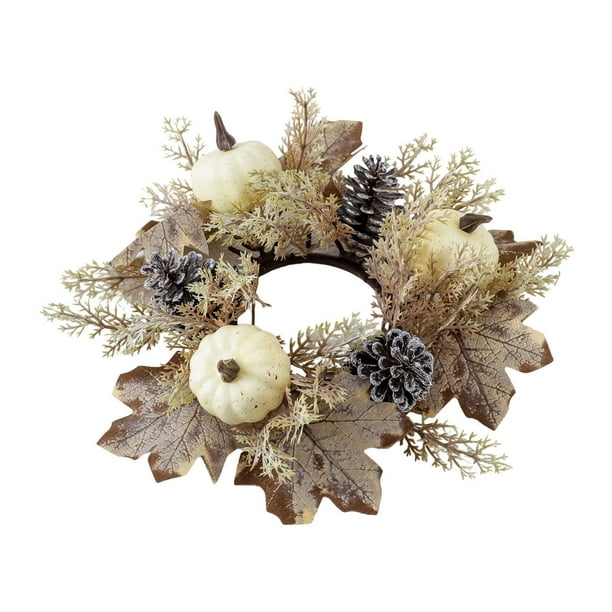 Mini corona de otoño con forma de vela, guirnalda de velas, hojas artificiales de mesa, corona de calabaza para Halloween y otoño. Blanco