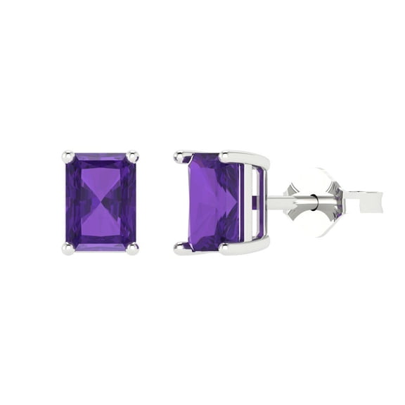1 ct Push-Back Stud Earrings for Women | 6x4mm Emerald Cut Natural Amethyst | 18K White Gold