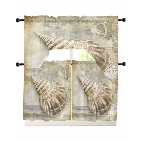 Coastal Conch Kitchen Curtains Set for Windows 3 Piece Cafe Curtains 24 Inch Length Swag Curtains Valances and Tier Set Summer Beach Nautical Ocean Drapes for Bedroom Bathroom Living Room