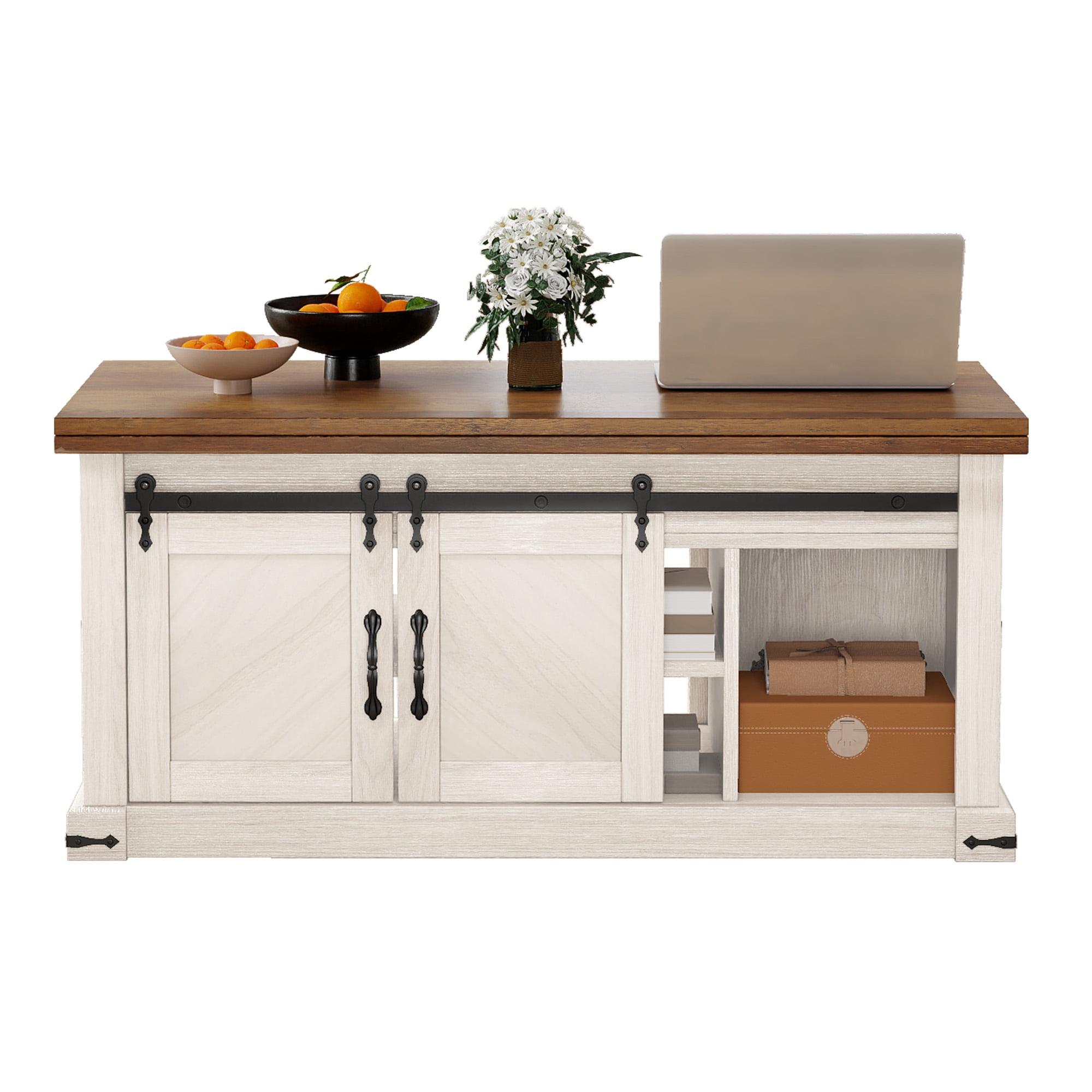 Uforic Farmhouse Lift Top Coffee Table with Charging Station & Barn Doors Storage, Brown