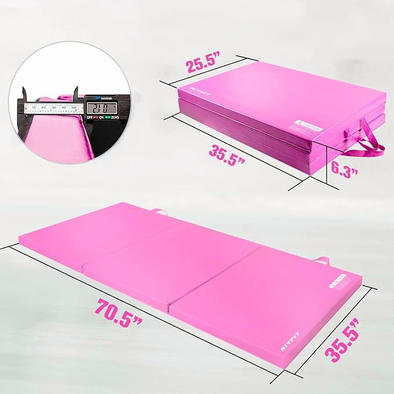 RitFit 3' x 6' Folding Gymnastics Mat with Carrying Handles for Yoga, Stretching, Core Workouts(Pink)