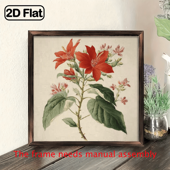 2D Flat, 8x8 Inch Red Flower Green Leaf Wooden Wall Art - Classic Style, Perfect for Christmas, Holiday Kitchen Home Decor, Ideal for New Year Valentine'S Day, Holiday Wall Deco