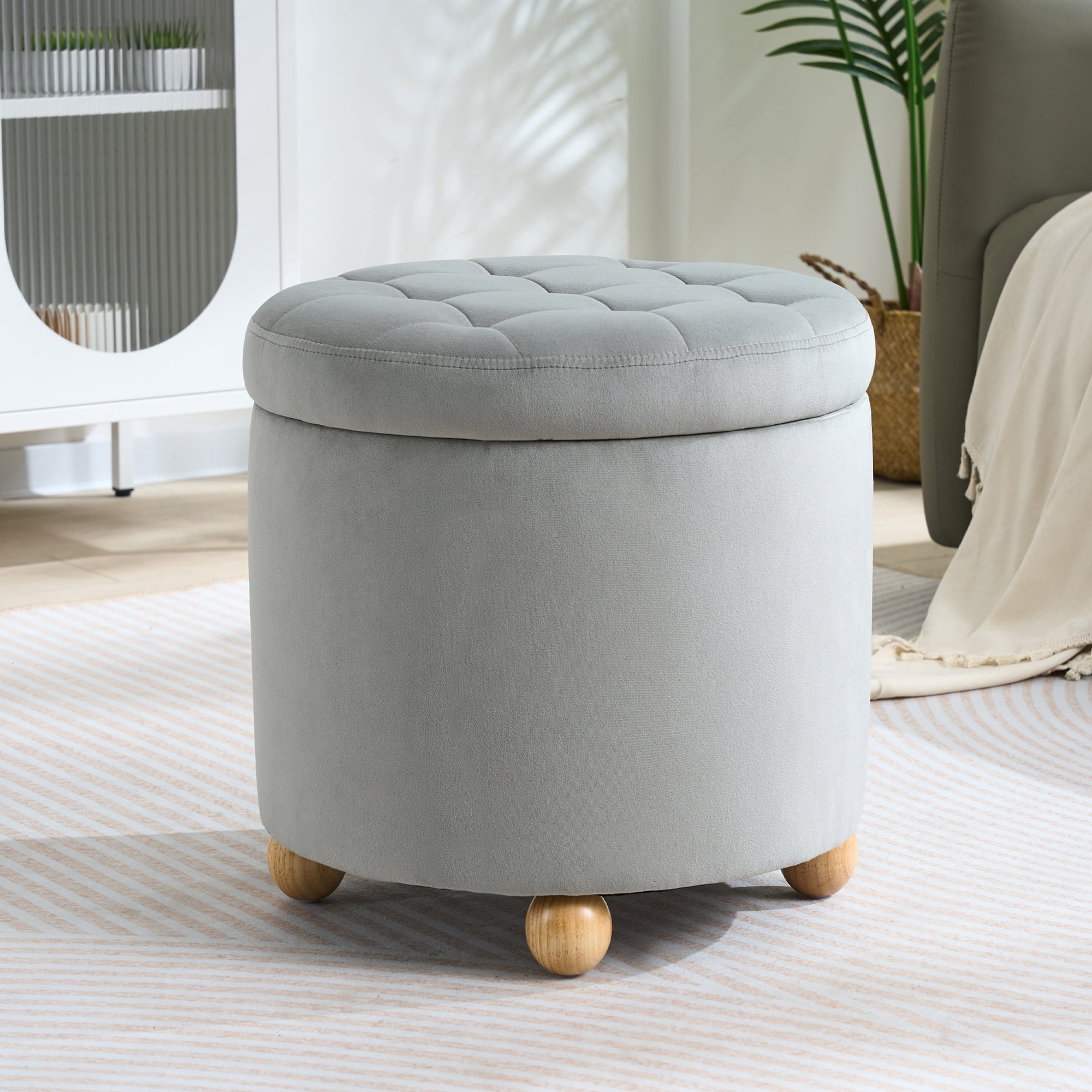 CoVibrant Modern Round Velvet Storage Ottoman with Reversible Tray Lid, Tufted Upholstered Footrest Stool with Wooden Legs