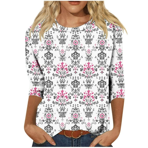 Sexlip Womens Paisley Print Blouse 3/4 Sleeve Design Lightweight Fabric Relaxed Silhouette for Office Wear Pink S