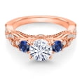 thumbnail image 2 of Gem Stone King 18K Rose Gold Plated Silver White Moissanite Blue Created Sapphire and White Moissanite Engagement Ring for Women (1.35 Cttw, Gemstone, Round 6MM and 3MM, Size 6), 2 of 4