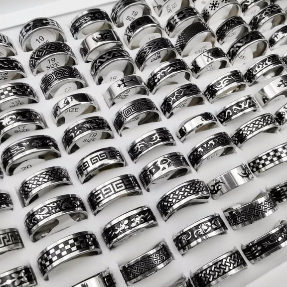 GKNET 100pcs New Wholesale Lots Fashion Stainless Steel Rings Men's Mixed Size Ring