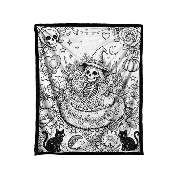 Halloween DIY Coloring Throw Blanket Ultra Soft Lightweight Plush for Bedtime Couch Snuggling, Black