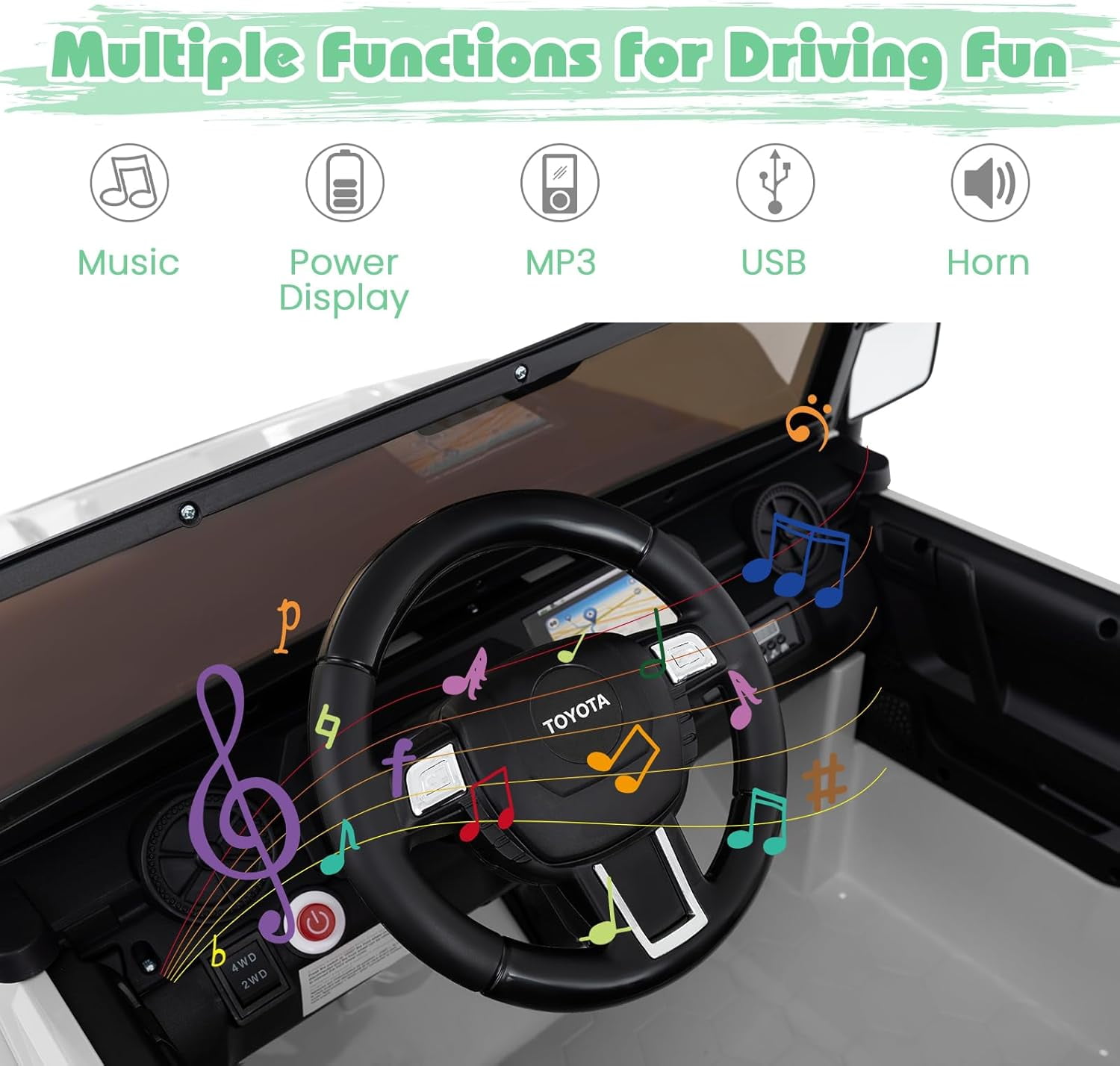 Licensed Toyota LC250 24V 2 Seater Ride on Truck by OLAKIDS, 2WD/4WD Battery Powered Vehicle with Remote Control, 3 Speeds, Music, Lights, Kids Electric Car for 3+ Boys Girls