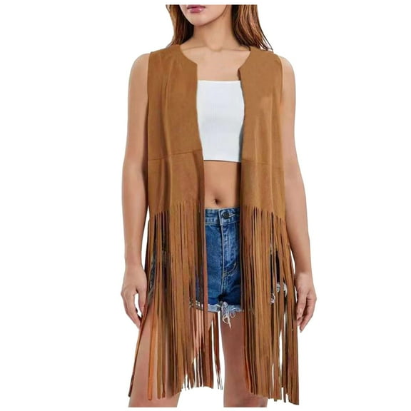 Fiaer Women's Fringe Vest 70s Hippie Suede Sleeveless Tassel Long Cardigan Jacket Oversized Western Tops Coffee2 XS