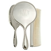 Personalized Monogrammed Beaded 3 Piece Dresser Set W/Mirror, Nickel Plated