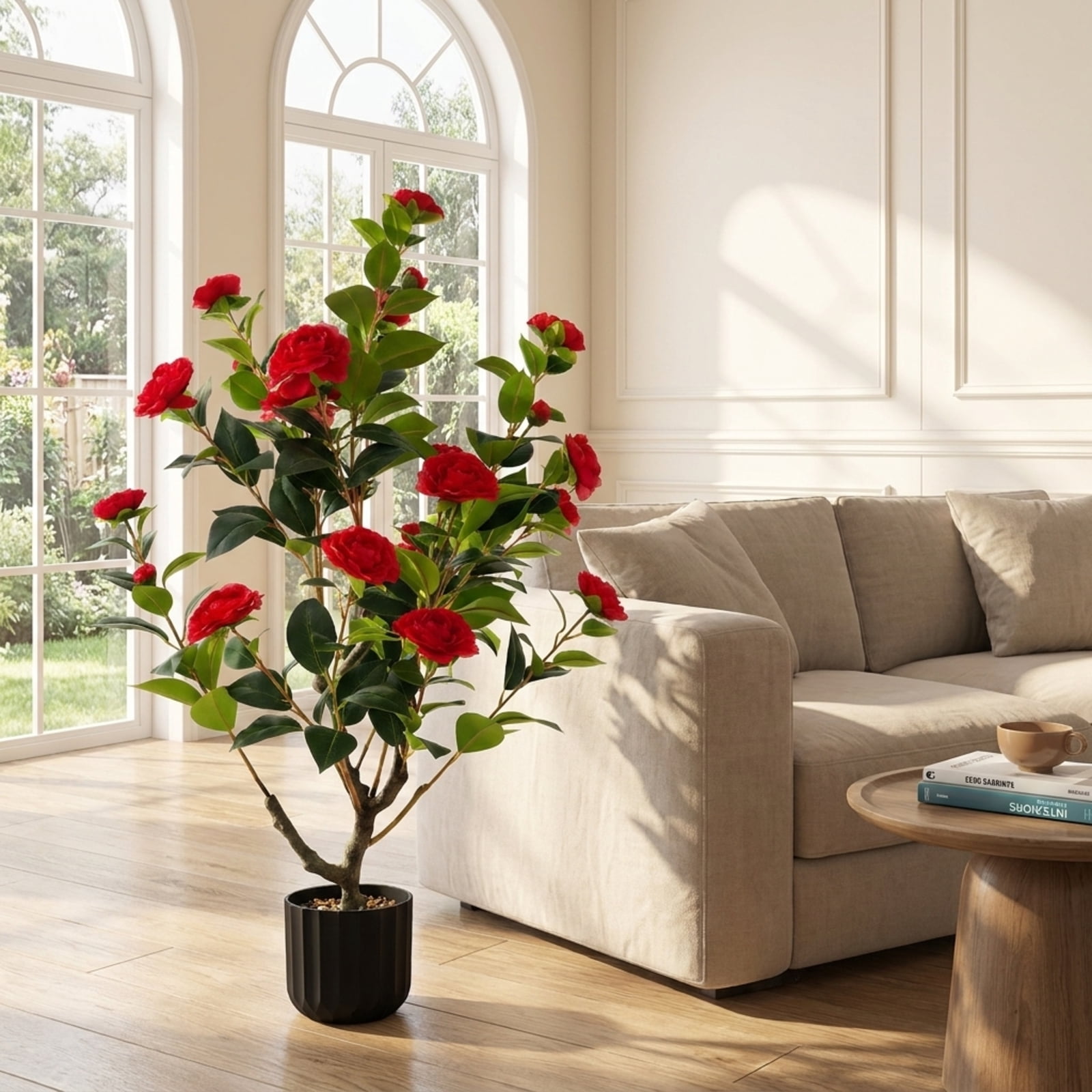 SUGIFT 38 Inch Artificial Camellia Tree, 2 Pack Faux Flower Plant with Red Blooms in Cement Pot for Living Room Porch Decor, Red + Green + Black,
