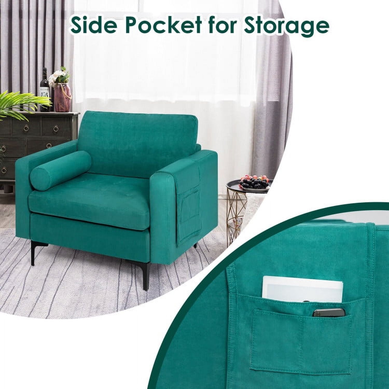 Finihen Upholstered Accent Chair, Modern Accent Chair with Bolster and Side Storage Pocket, for Living Room, Bedroom, Teal