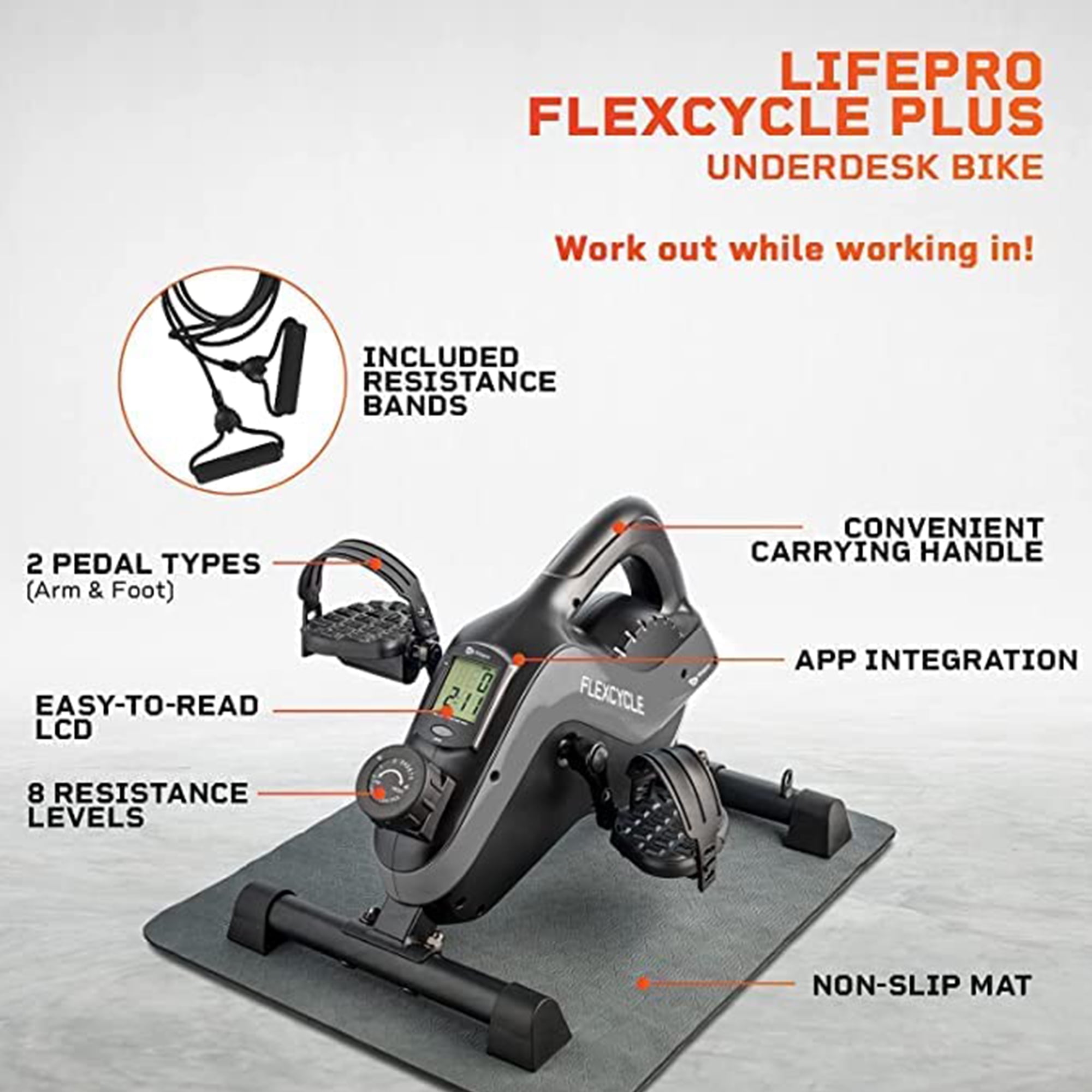 Lifepro FlexCycle Stationary Bike Pedal Exerciser Under Desk Workout Equipment Gray