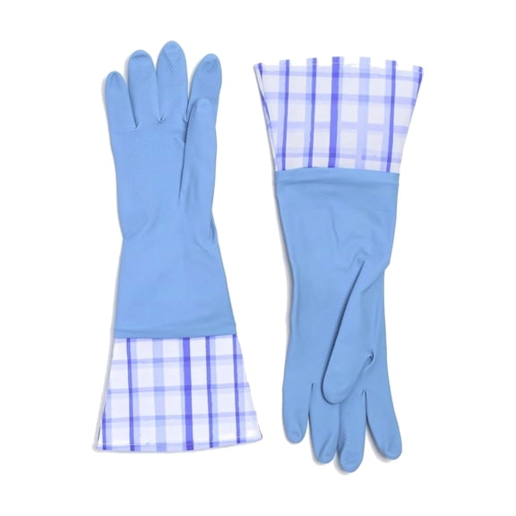 Bright Box Reusable Cleaning Gloves, Long Cuff Kitchen Dish Gloves, Blue Plaid, 1 Pair