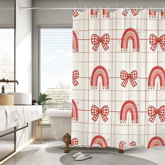 Red Rainbow Bow Shower Curtain 72x72, Waterproof Washable Polyester Bathroom Curtain, Bow Bath Curtain with 12 Plastic C Hooks, Machine Washable Fabric Bath Curtain for Bathroom Decor