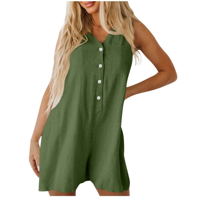 Diufon Plus Size Rompers for Women Summer Sleeveless Solid Color Button V Neck Wide Leg Shorts Jumpsuits