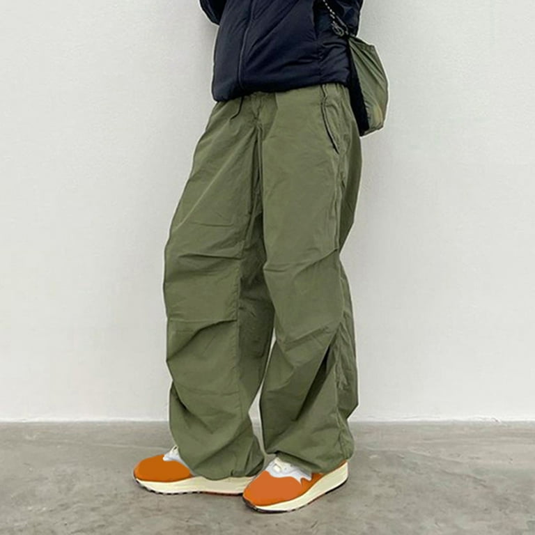Hanas Women Loose Cargo Pants Hip Hop Sports Pants Drawstring Loose Wide  Leg Casual Pants (Green, M) 