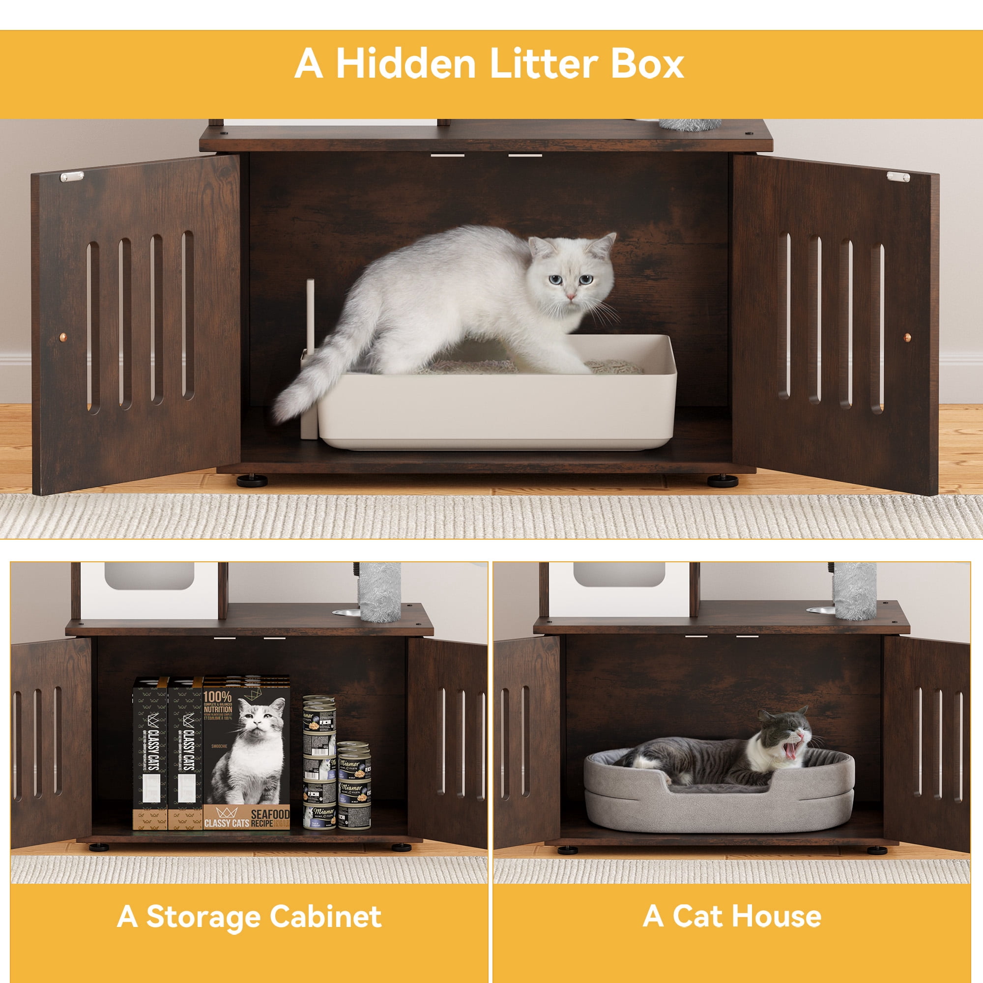 Dextrus 2-in-1 Cat Furniture Condo, 59" Cat Tree Multi-Functional Cat Tower with Litter Box Enclosure, Wood House, Scratching Post, Feeding Station, Hammocks & Brush - Rustic Brown