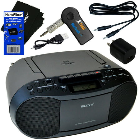 HeroFiber Sony Portable CD Player Boombox with AM/FM Radio & Cassette Tape Player + Wireless Bluetooth Receiver with Wall Charger + Auxiliary Cable for Smartphones, MP3 Players & Cleaning (Best Way To Clean Cd Player)